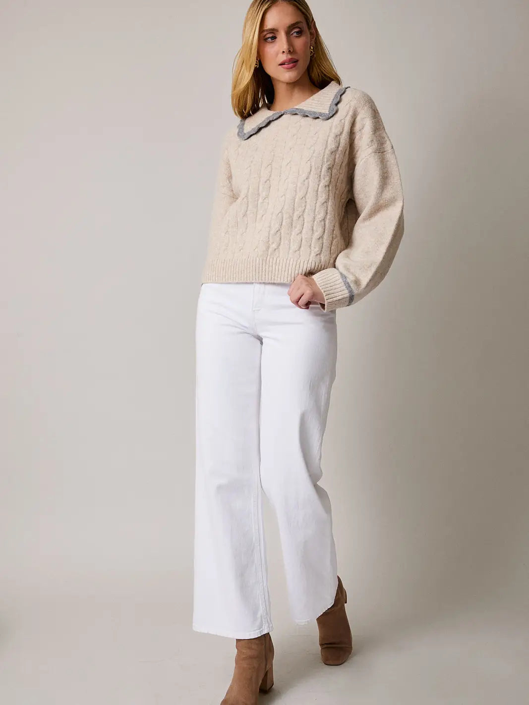 Esther Collared Long Sleeve Cable Sweater