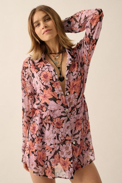 Floral Chiffon Belted Long-Sleeve Shirt Romper
