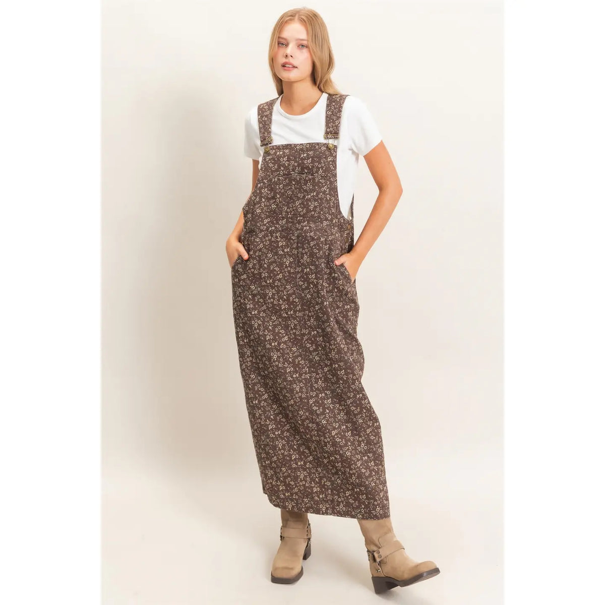Floral Garment Wash Overall Dress