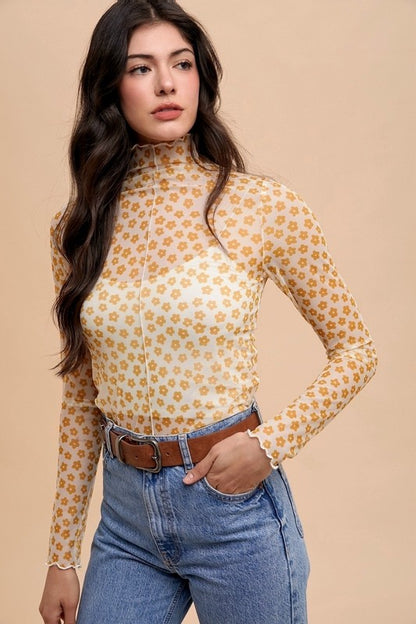 Annie Bee Lettuce Edge Detail Floral Mesh Mock Neck Top