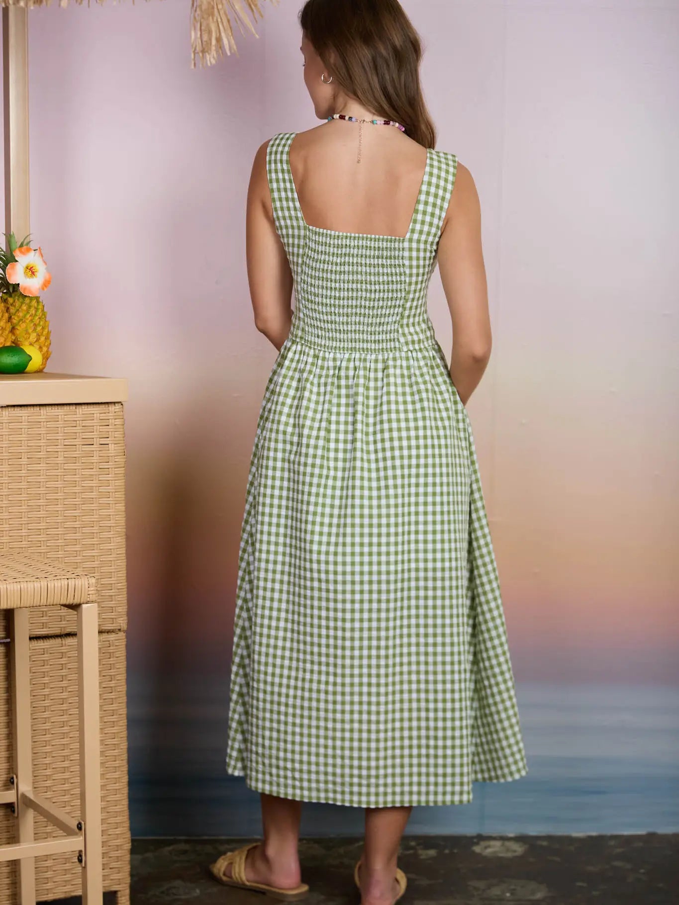 Andrea Plaid Basque Waist Sleeveless Midi Dress