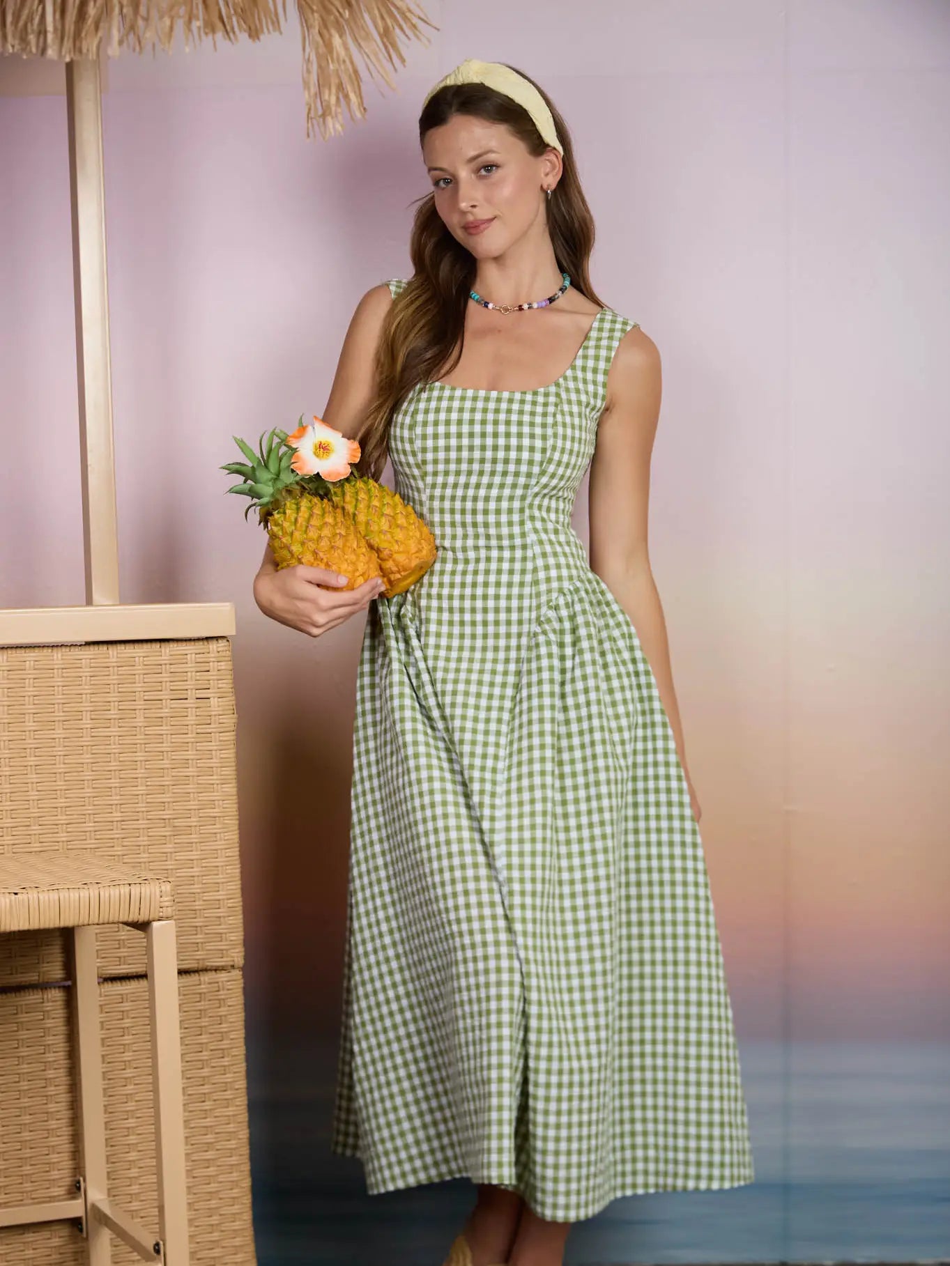 Andrea Plaid Basque Waist Sleeveless Midi Dress