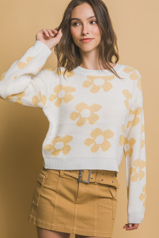 Happy Crew Neck Floral Pattern Sweater