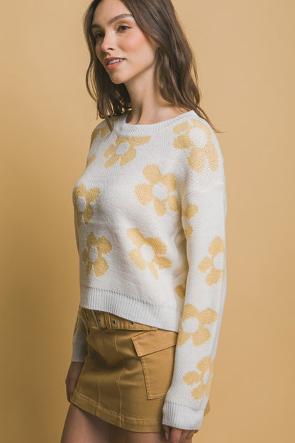 Happy Crew Neck Floral Pattern Sweater