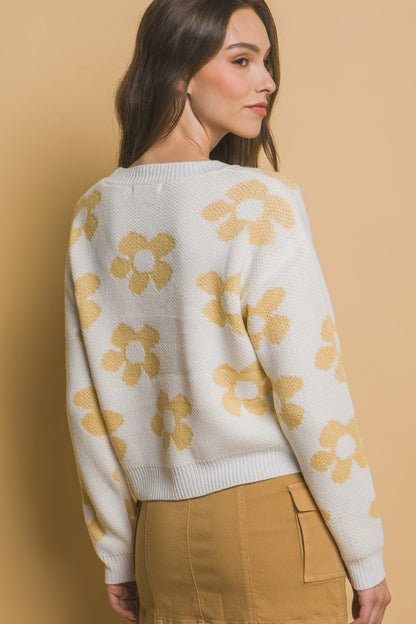 Happy Crew Neck Floral Pattern Sweater