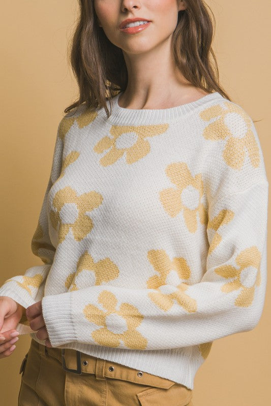 Happy Crew Neck Floral Pattern Sweater