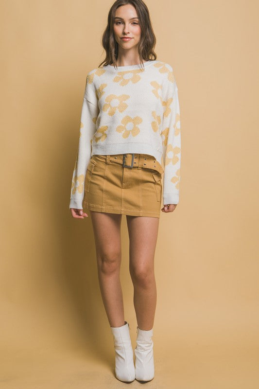 Happy Crew Neck Floral Pattern Sweater