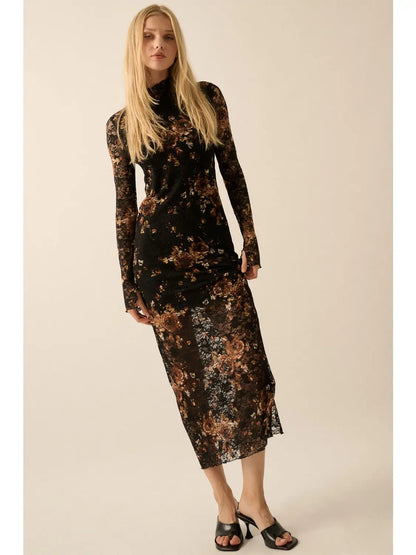 Isobel Floral-Print Lace Mock-Neck Long-Sleeve Midi Dress