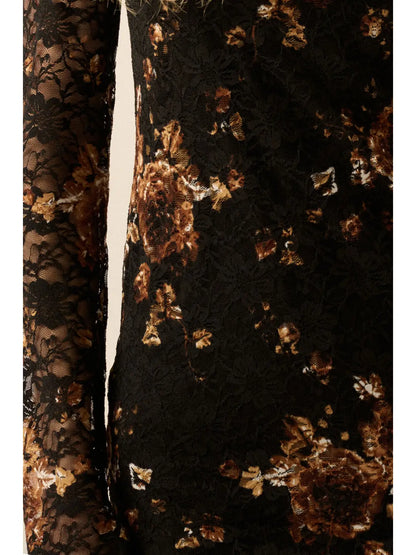 Isobel Floral-Print Lace Mock-Neck Long-Sleeve Midi Dress