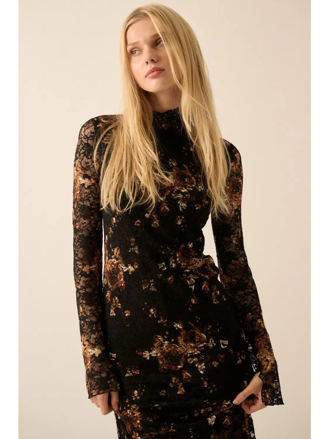 Isobel Floral-Print Lace Mock-Neck Long-Sleeve Midi Dress
