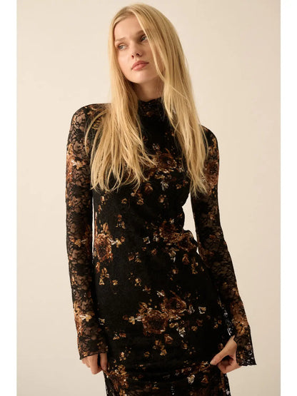 Isobel Floral-Print Lace Mock-Neck Long-Sleeve Midi Dress