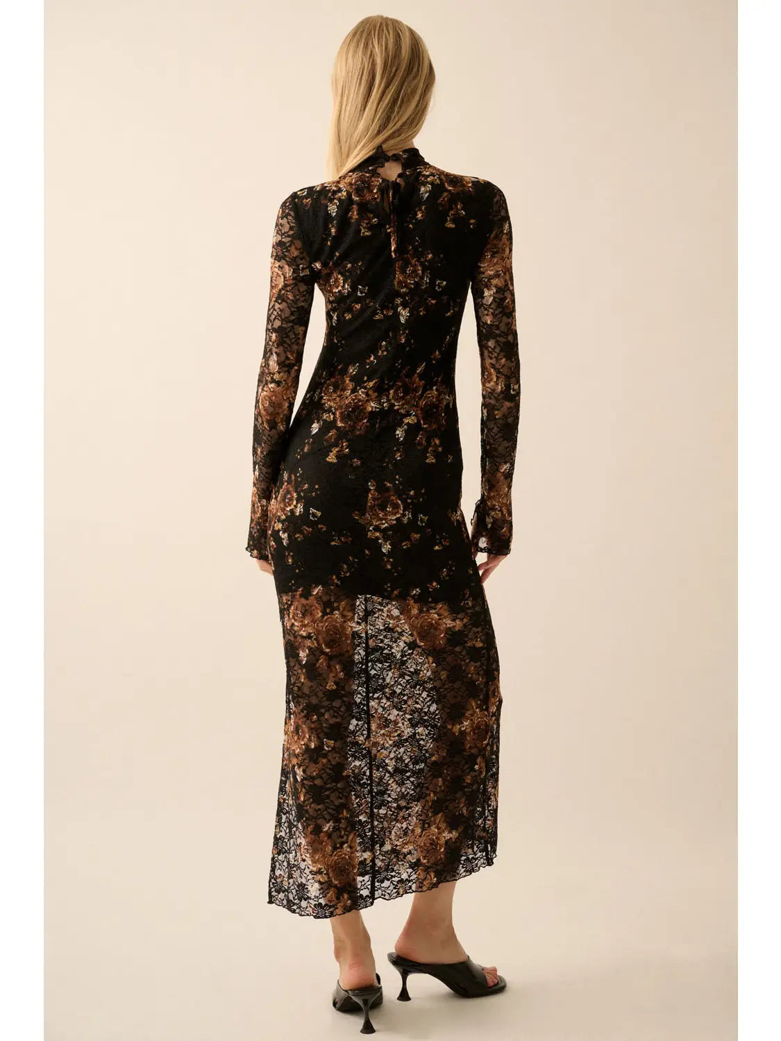 Isobel Floral-Print Lace Mock-Neck Long-Sleeve Midi Dress