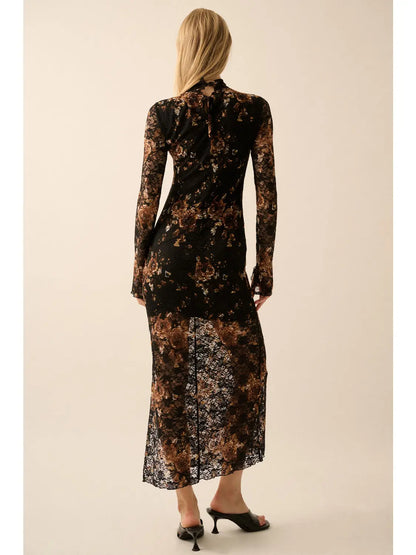 Isobel Floral-Print Lace Mock-Neck Long-Sleeve Midi Dress