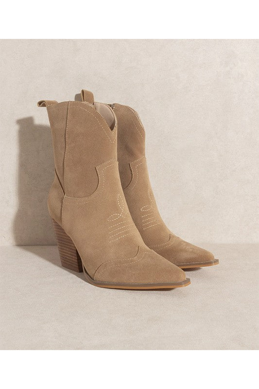 Ariella Khaki Suede Western Mid Rise Bootie