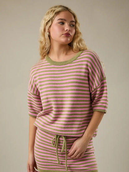 Kiley Short Sleeve Crew Neck Stripe Sweater Top