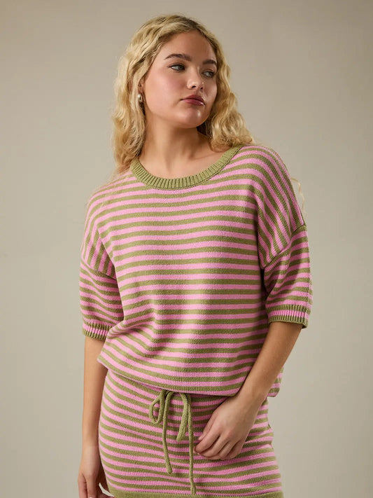Kiley Short Sleeve Crew Neck Stripe Sweater Top