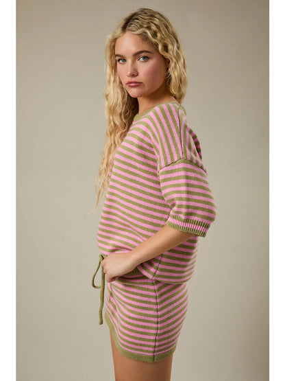 Kiley Short Sleeve Crew Neck Stripe Sweater Top