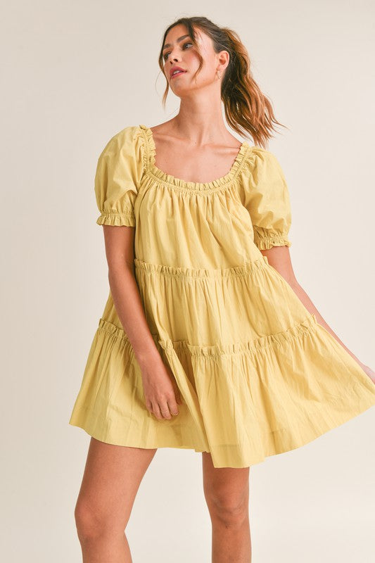 Sarge Kiwi Poplin Square Neck Puff Sleeve Dress