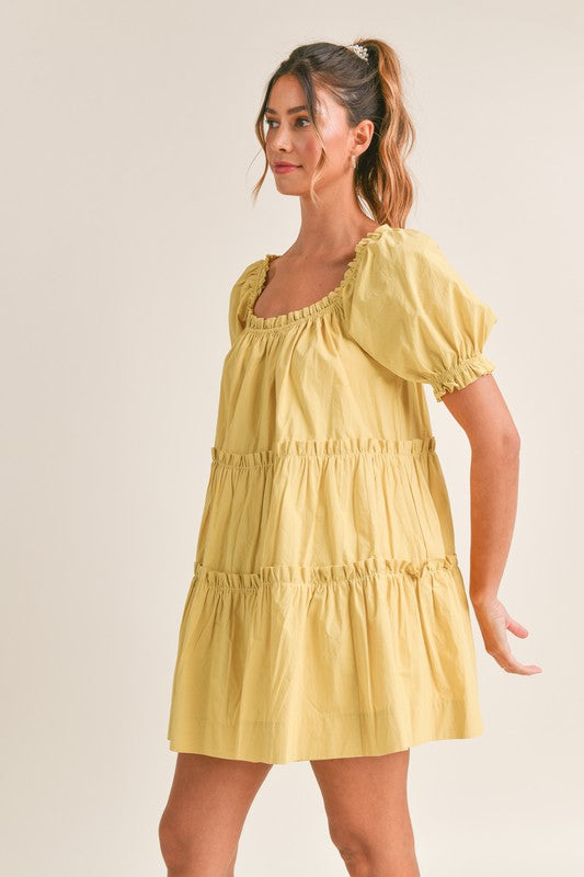 Sarge Kiwi Poplin Square Neck Puff Sleeve Dress