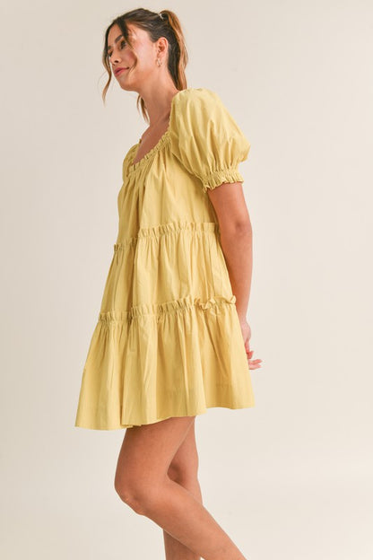 Sarge Kiwi Poplin Square Neck Puff Sleeve Dress