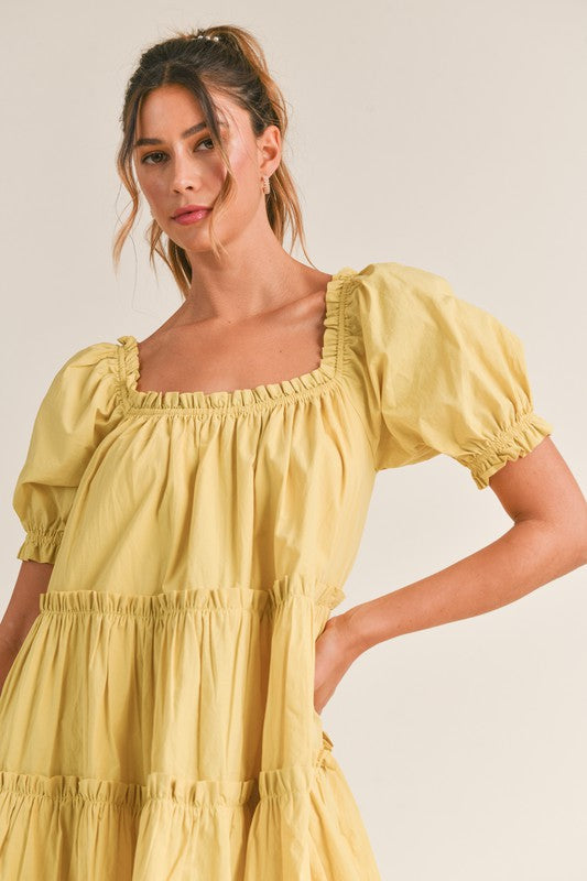 Sarge Kiwi Poplin Square Neck Puff Sleeve Dress