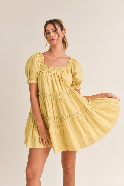 Sarge Kiwi Poplin Square Neck Puff Sleeve Dress