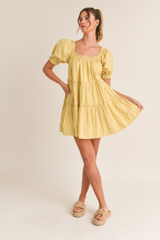 Sarge Kiwi Poplin Square Neck Puff Sleeve Dress