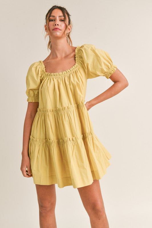 Sarge Kiwi Poplin Square Neck Puff Sleeve Dress