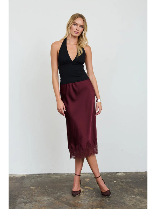 Satin Scalloped Lace Trim Midi Skirt
