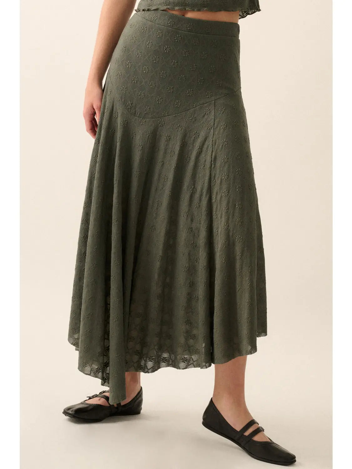 Moody A-Line Floral Embroider Asymmetrical Midi Skirt