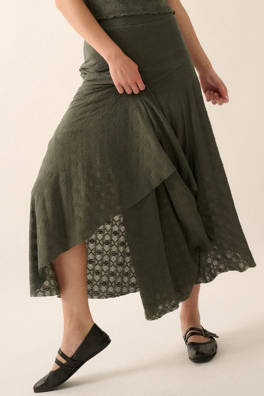 Moody A-Line Floral Embroider Asymmetrical Midi Skirt