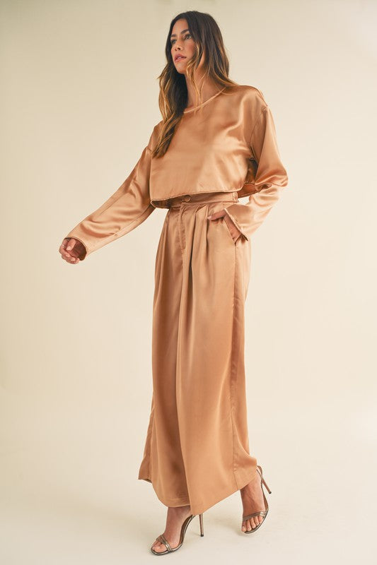 Edie Crop Top & Wide Leg Satin Pants Set