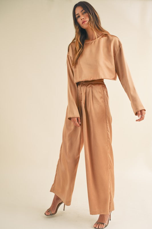 Edie Crop Top & Wide Leg Satin Pants Set