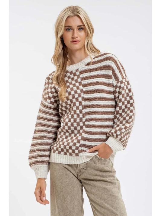 Bernie Stripe and Checkered Crewneck Knit Sweater