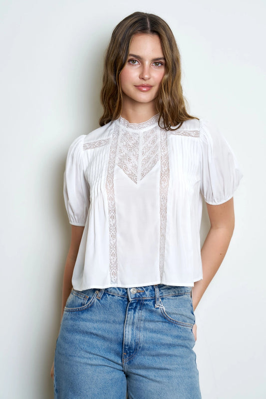 Lace-Trim Pintuck Puff Sleeve Cropped Top