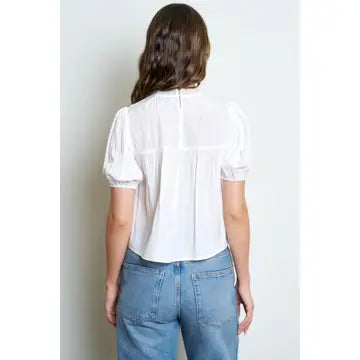 Lace-Trim Pintuck Puff Sleeve Cropped Top