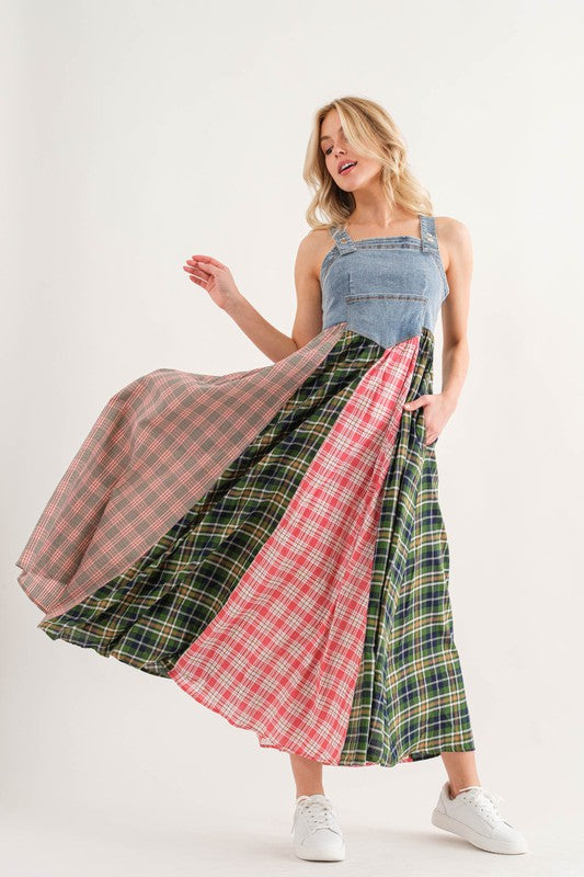 Ang Denim Multi Fabric Pleated Suspender Dress