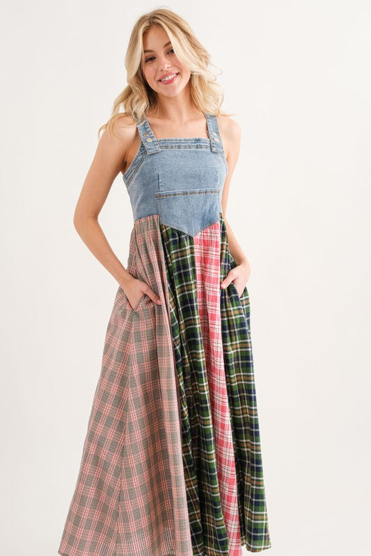 Ang Denim Multi Fabric Pleated Suspender Dress