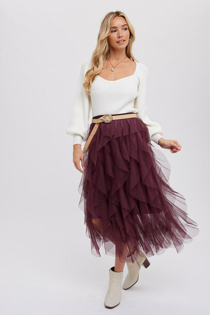 Christie Spiral Ruffled Tulle Midi Skirt