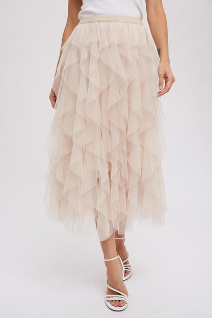 Christie Spiral Ruffled Tulle Midi Skirt