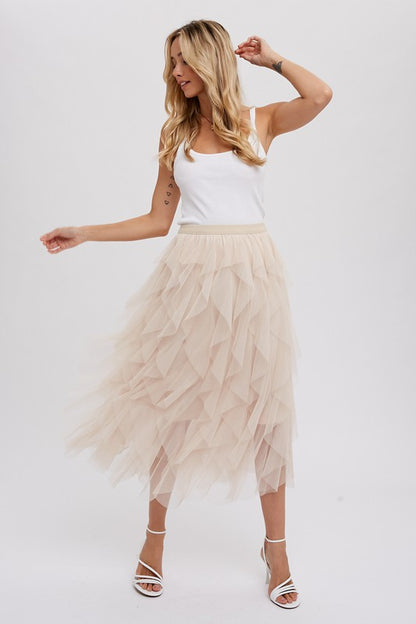 Christie Spiral Ruffled Tulle Midi Skirt