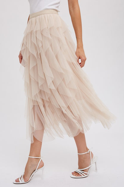 Christie Spiral Ruffled Tulle Midi Skirt