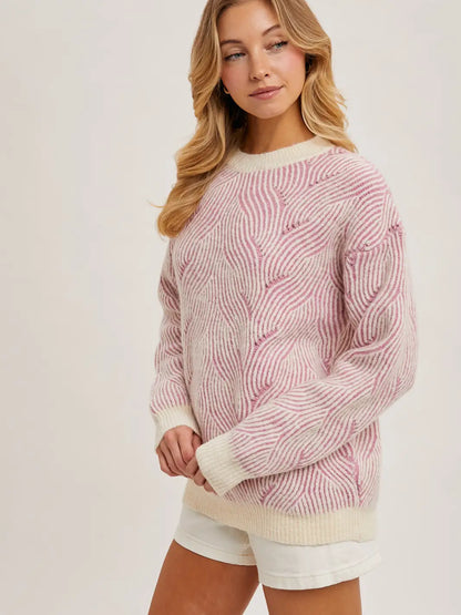 Crew Neck Geo Textured Knit Sweater