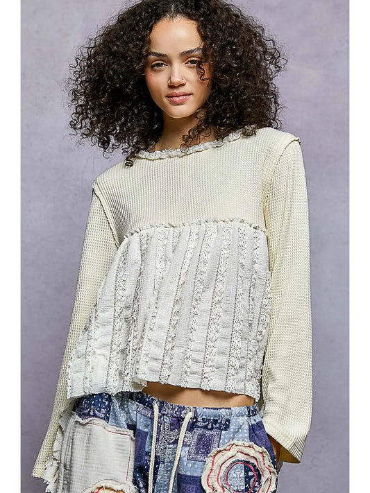 Resa Round Neck Long Sleeve with Lace Ruffle Raw Edge Knit Top