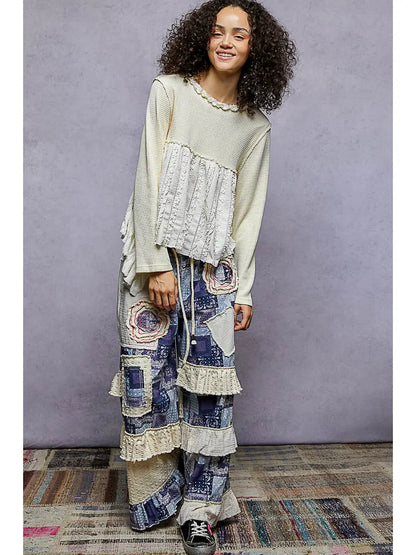 Resa Round Neck Long Sleeve with Lace Ruffle Raw Edge Knit Top