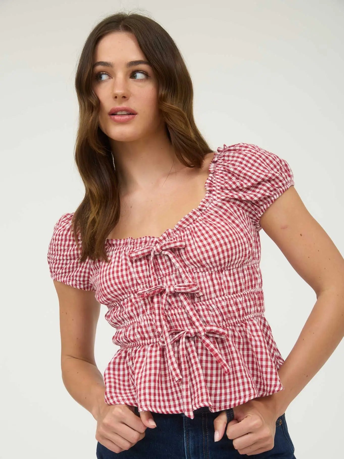 Red Gingham Bow Detail Shirred Waist Short Sleeve Top