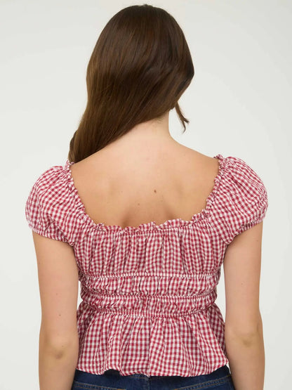 Red Gingham Bow Detail Shirred Waist Short Sleeve Top