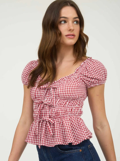 Red Gingham Bow Detail Shirred Waist Short Sleeve Top