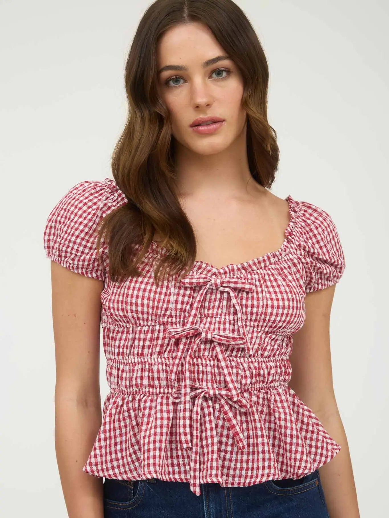 Red Gingham Bow Detail Shirred Waist Short Sleeve Top