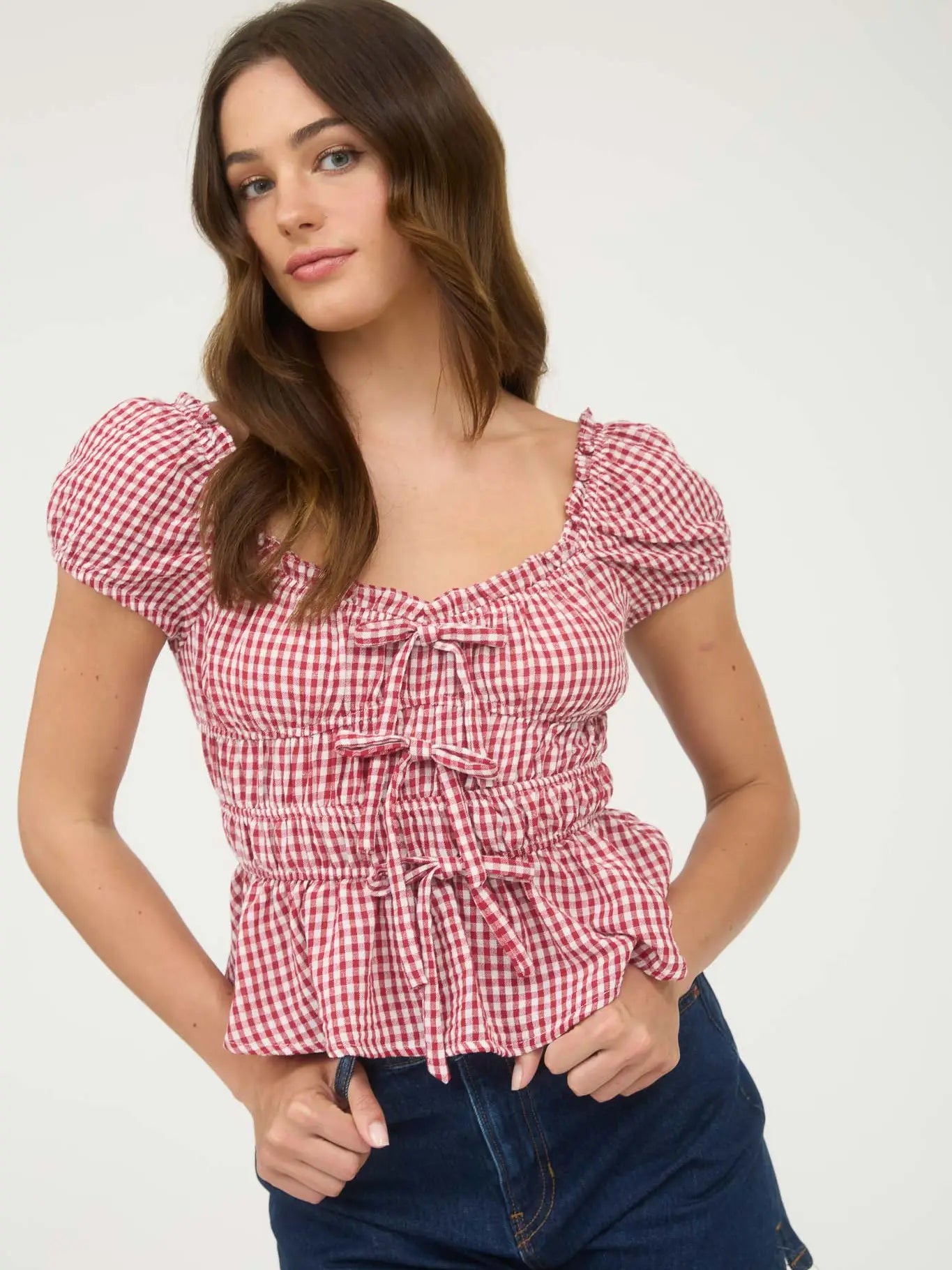 Red Gingham Bow Detail Shirred Waist Short Sleeve Top